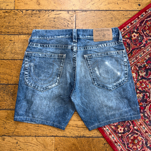 Vintage True Religion Blue Embroidered Y2K Shorts Jorts - 33