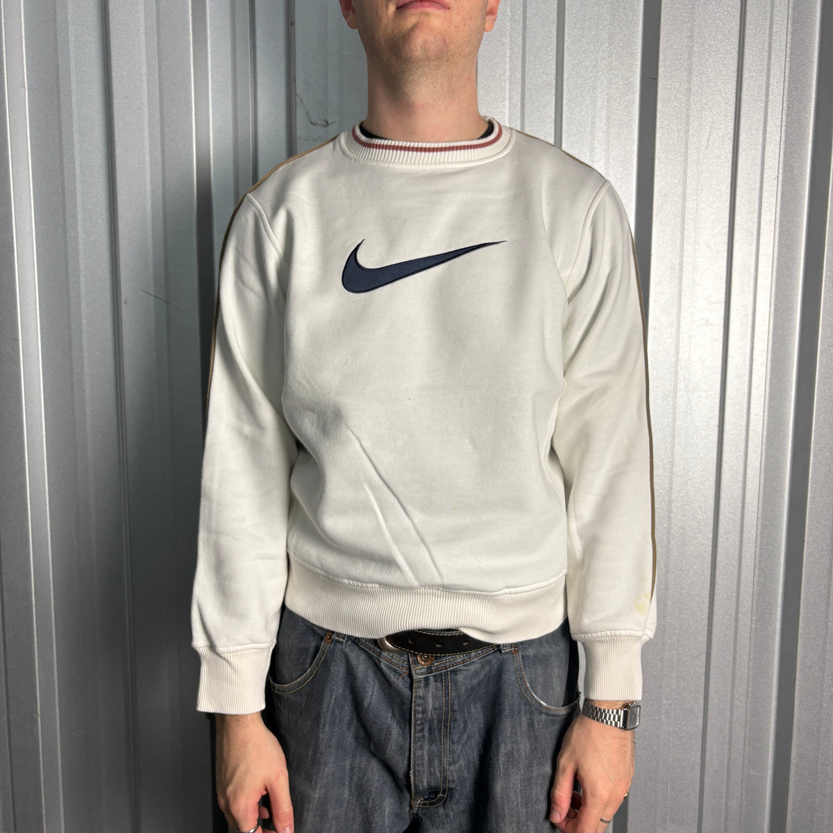 Nike Y2K 00s White Swoosh Embroidered Sweatshirt - S