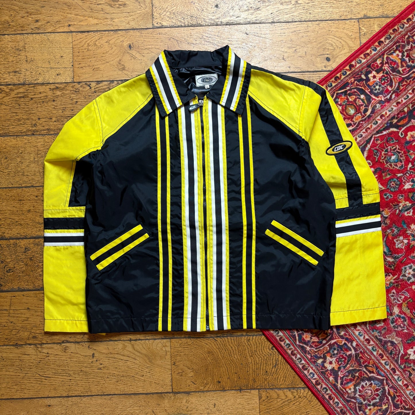 Vintage CDC Black Yellow Stripe Motorbike Nylon Racing Jacket - M