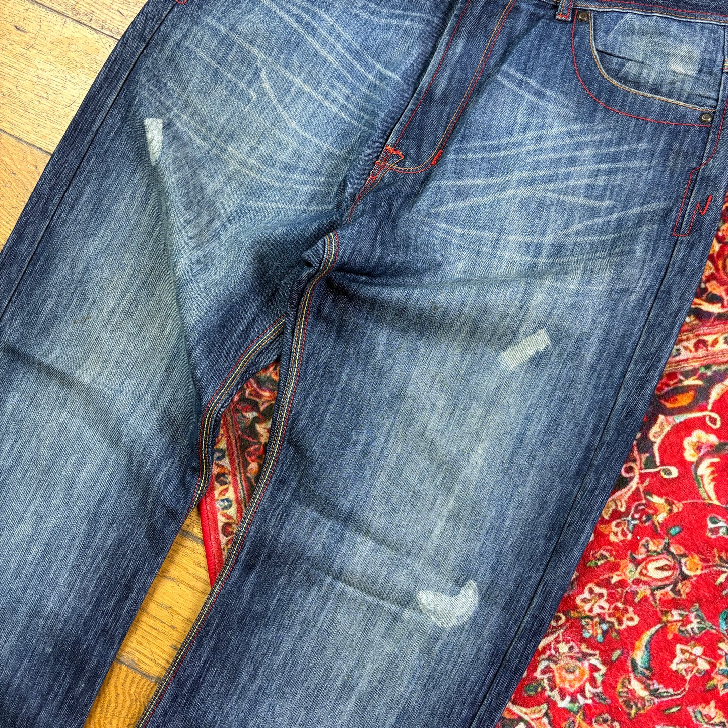 Vintage Blue Embroidered Y2K Hip Hop Baggy Jeans - 36