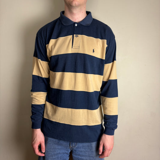Vintage Ralph Lauren Cream Navy Stripe Rugby Polo Shirt - M