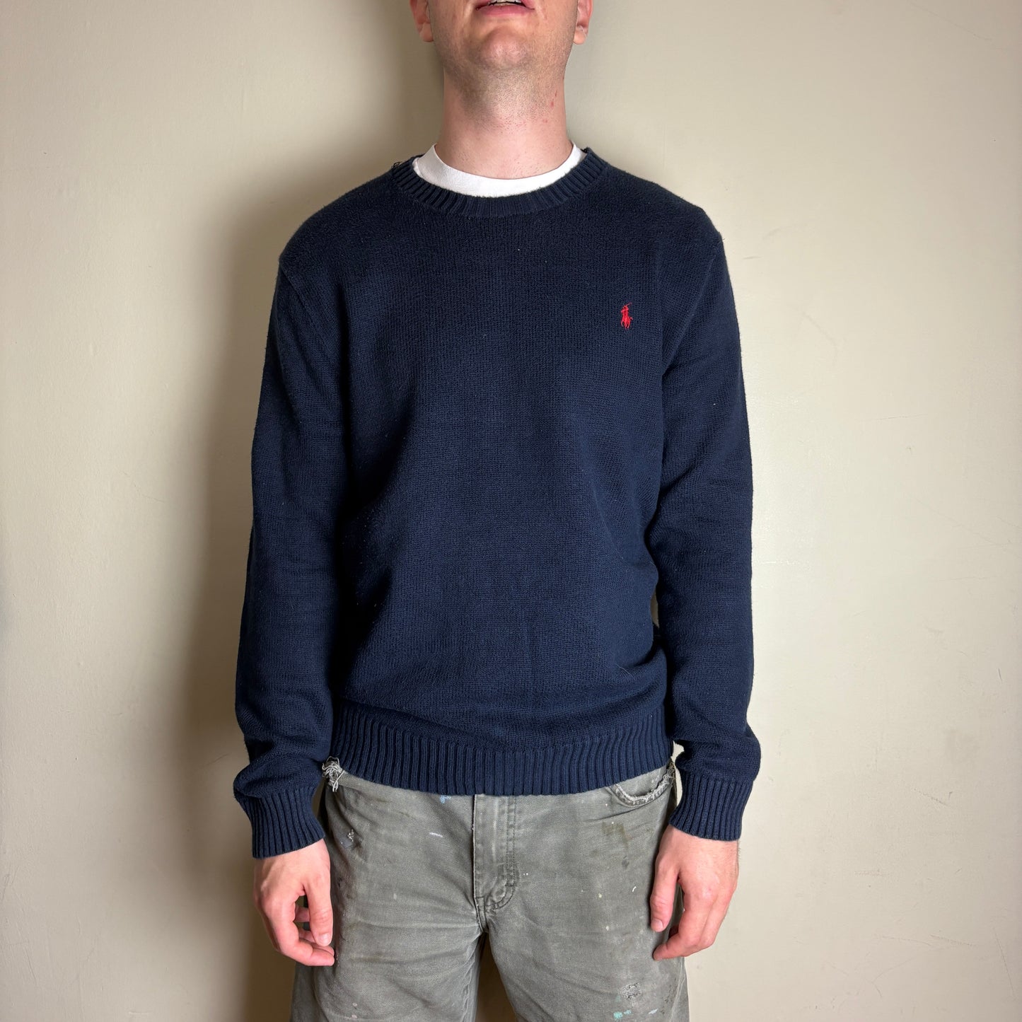 Vintage Ralph Lauren Navy Chunky Knit Crewneck Jumper - L