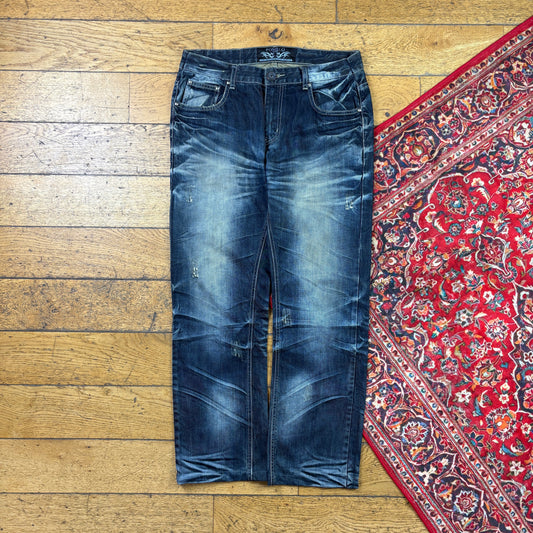 Vintage Blue Embroidered Y2K Hip Hop Baggy Jeans - 34