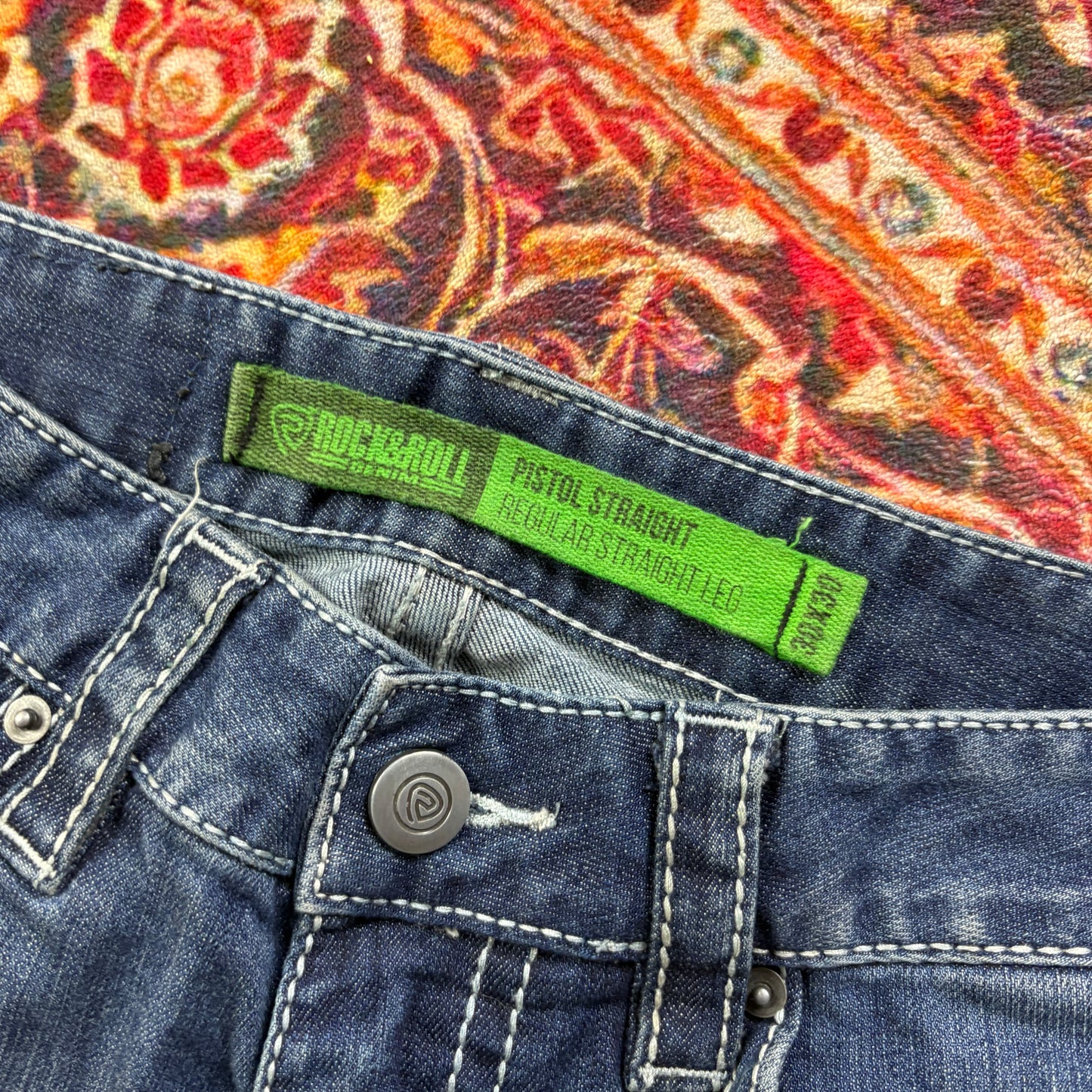 Vintage Rock and Roll Blue Embroidered Y2K Hip Hop Baggy Jeans - 32