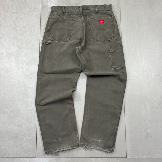 Vintage Dickies Workwear Carpenter Green Khaki Baggy Trousers - 36