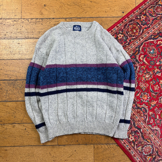 Vintage Woolrich Grey Stripe Wool Chunky Knit Jumper - S
