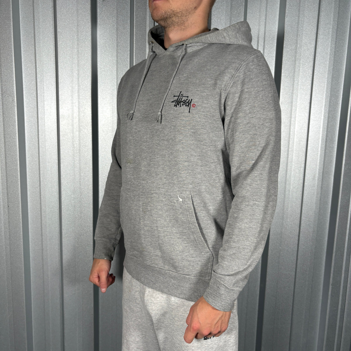 Stussy Stock Logo Grey Hoodie Sweatshirt - M