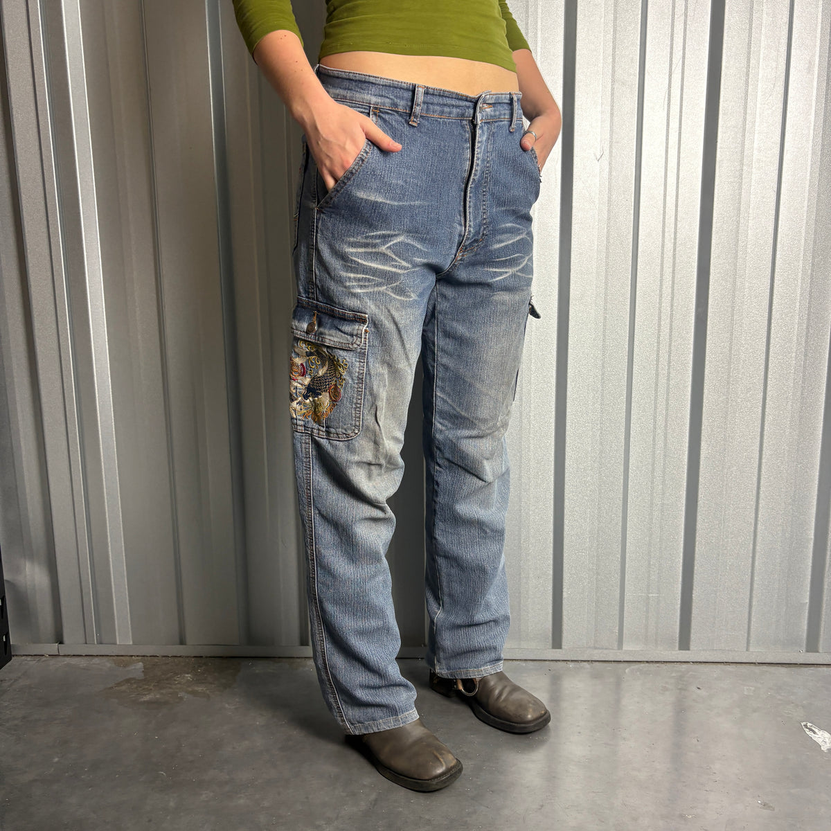 Embroidered Koi Fish Blue Cargo Japanese Denim Hip Hop Y2K Baggy Jeans - 30S