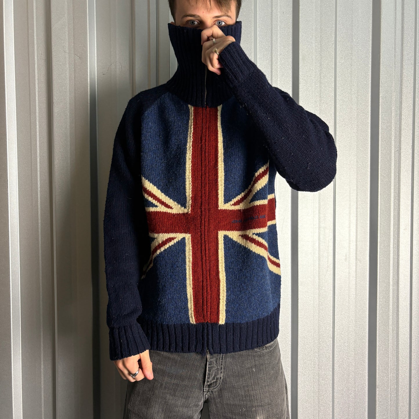 Vintage John Ashfield Union Jack Wool Navy 00s Y2K Zip Chunky Knit Jumper - L