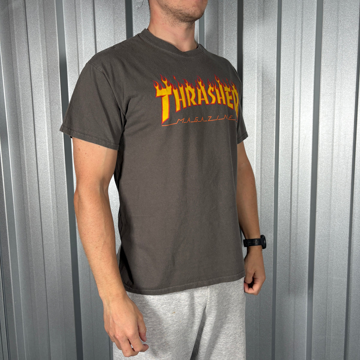Thrasher Grey Flames Skate Graphic T Shirt - S