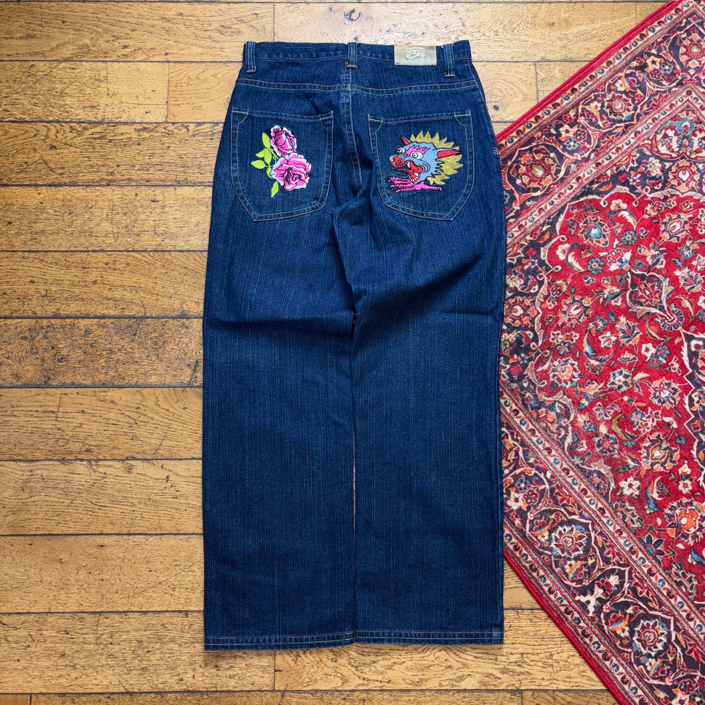 Vintage All Nations Are One Blue Embroidered Y2K Hip Hop Baggy Jeans - 34R