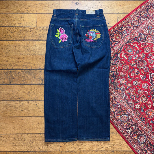 Vintage All Nations Are One Blue Embroidered Y2K Hip Hop Baggy Jeans - 34R