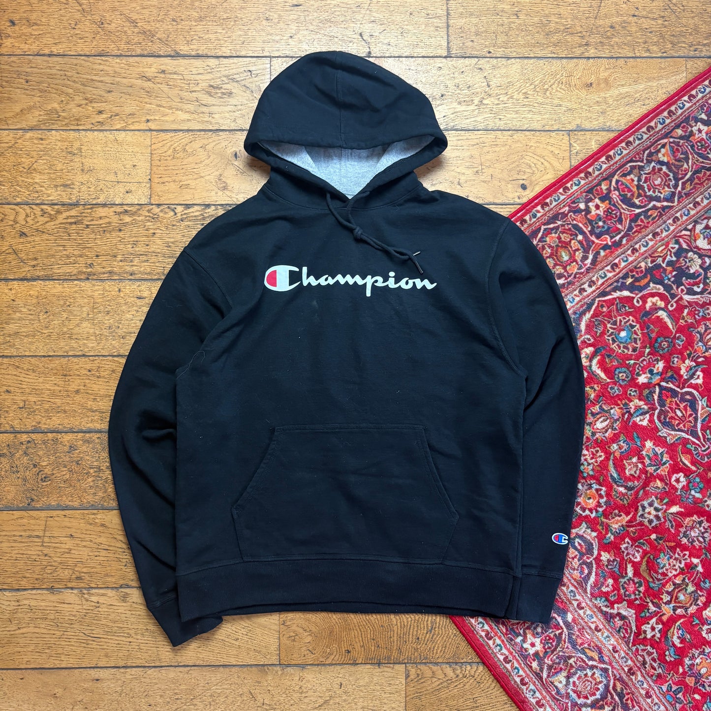 Vintage Champion Black Hoodie Sweatshirt - L