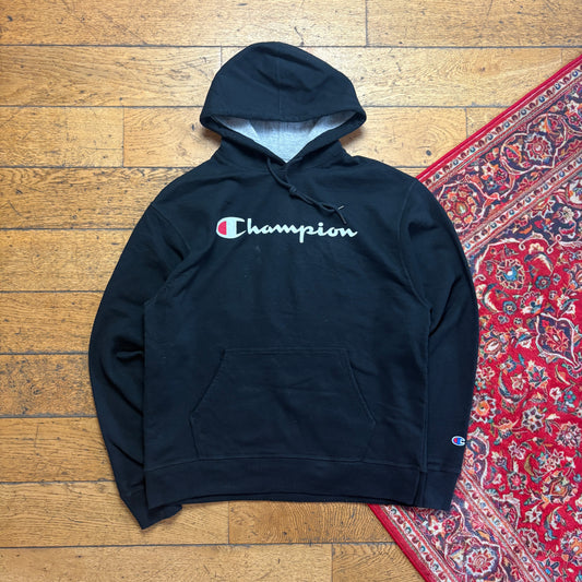 Vintage Champion Black Hoodie Sweatshirt - L