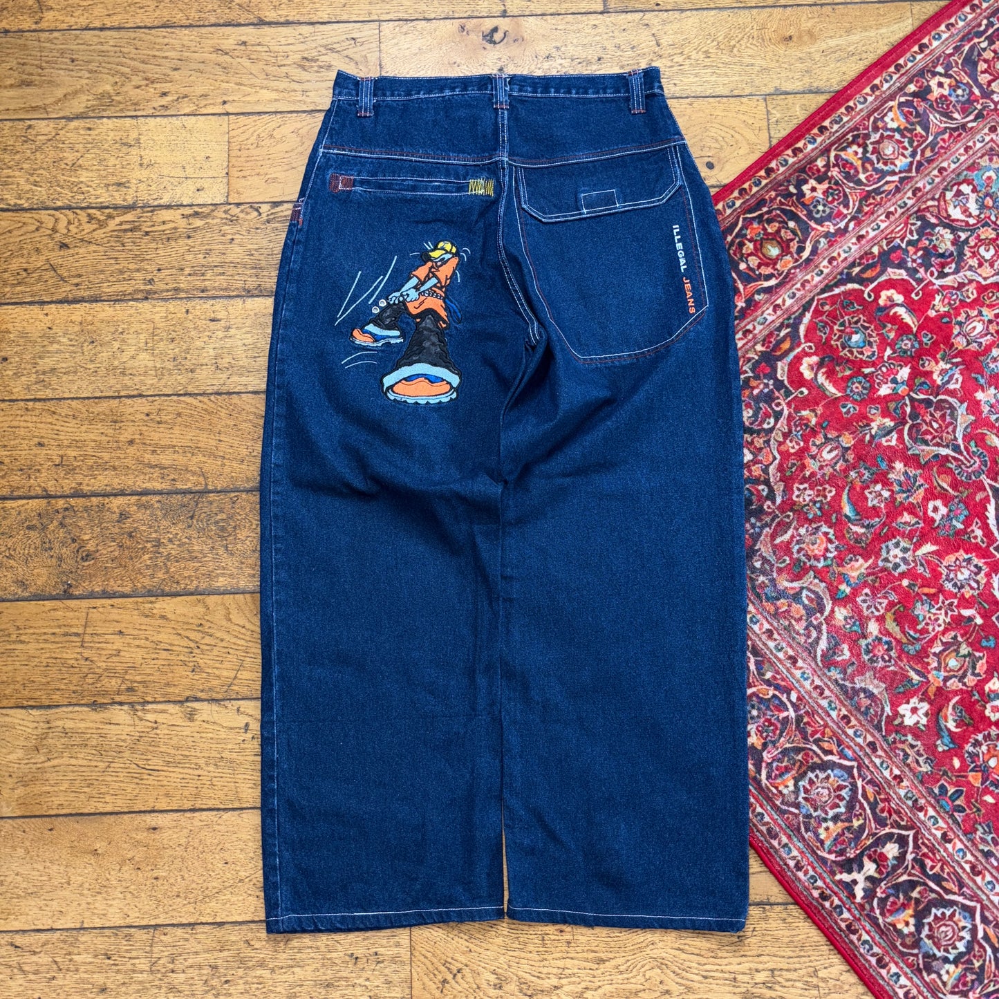 Vintage Illegal Jeans JNCO Style Blue Embroidered Y2K Hip Hop Baggy Jeans - 34S