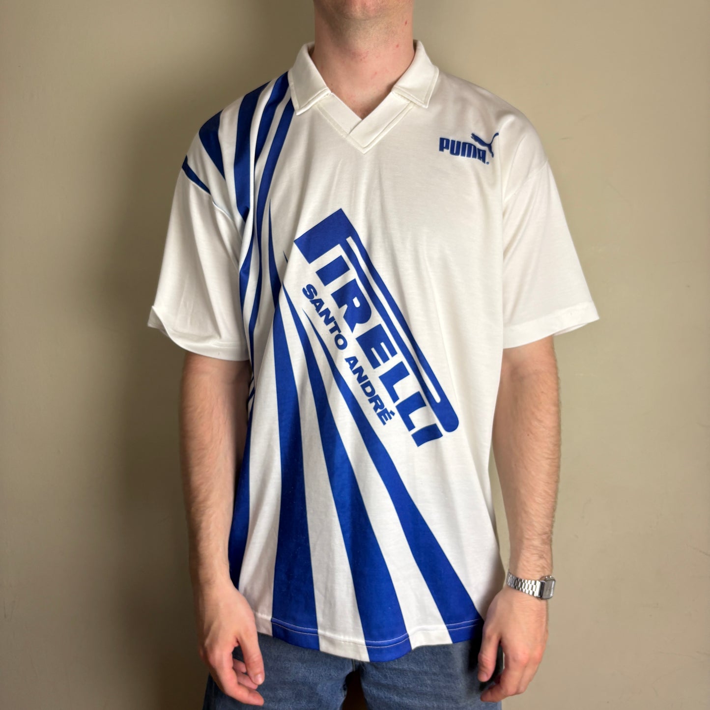 Vintage Puma Pirelli White Blue Football Polo Shirt - L