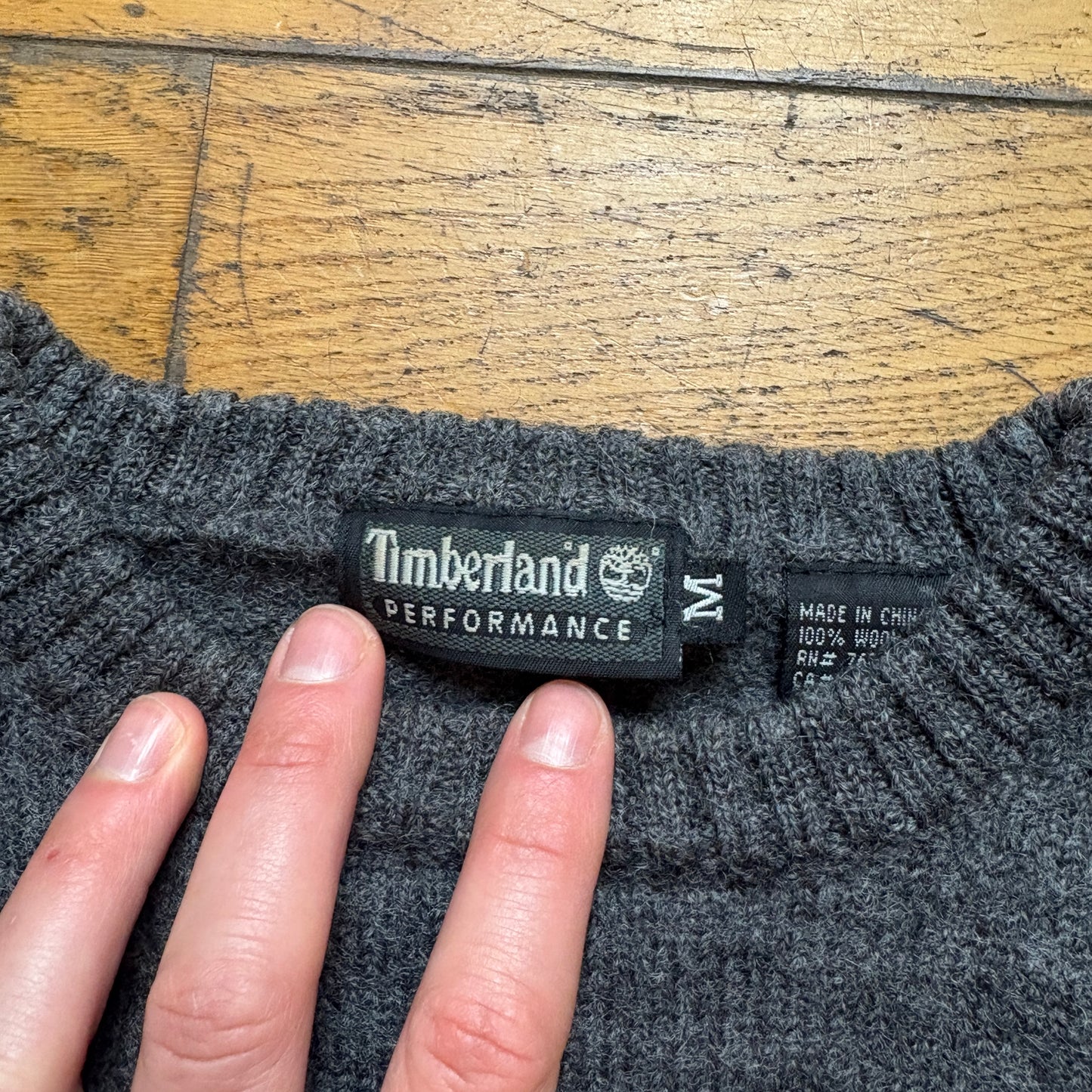 Vintage Timberland Spellout Grey Wool Chunky Knit Jumper - S