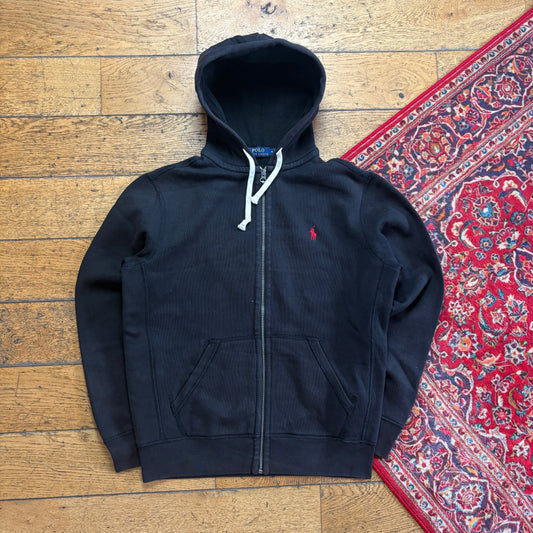 Vintage Ralph Lauren Black Zip Hoodie Embroidered Sweatshirt - M