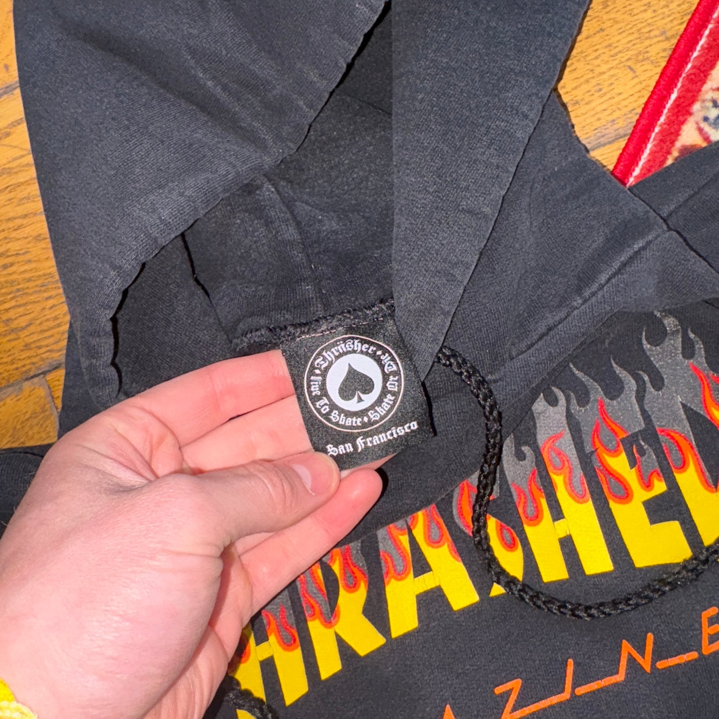 Vintage Thrasher Black Flames Skate Hoodie Sweatshirt - XL