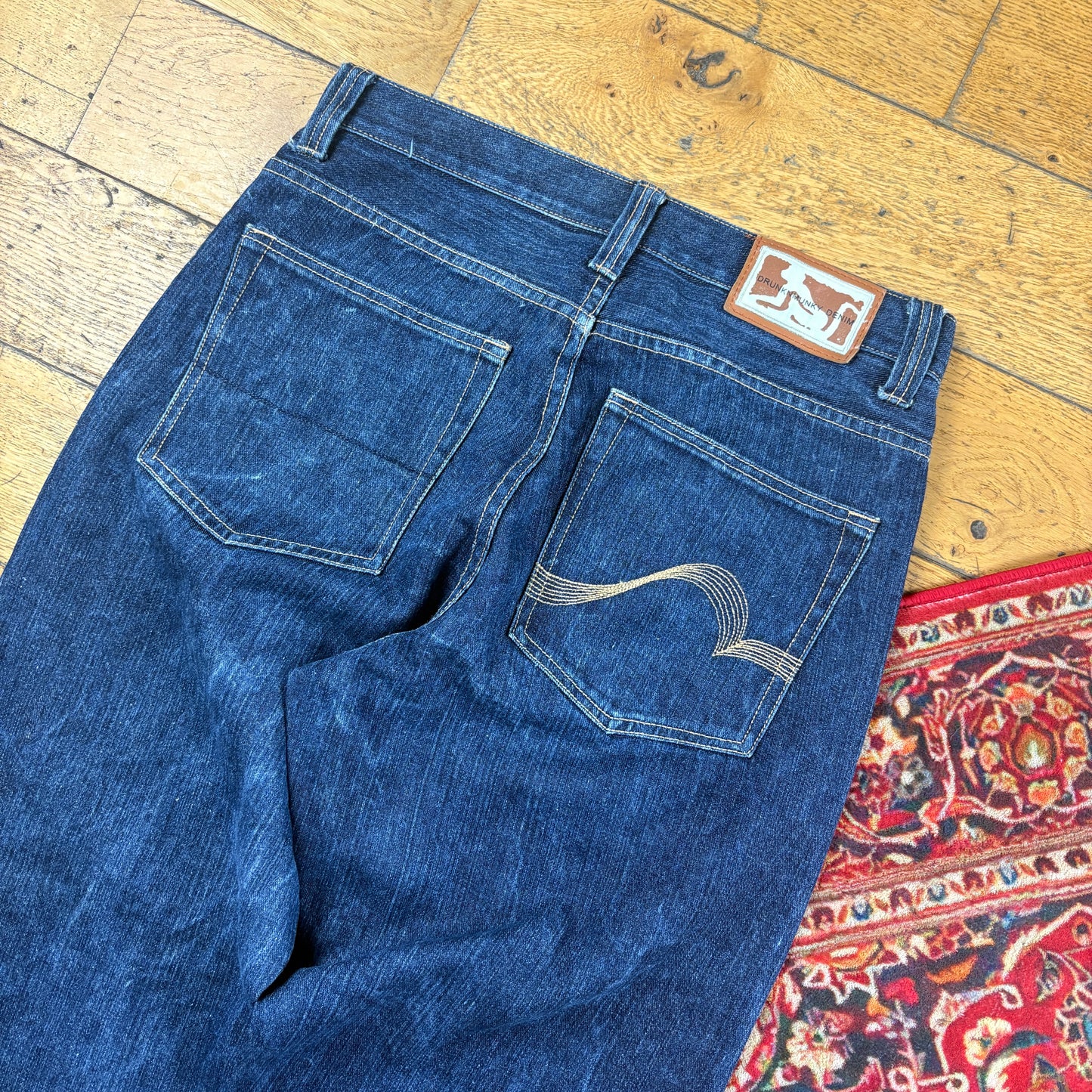 Vintage Drunknmunky Blue Embroidered Y2K Hip Hop Baggy Jeans - 34