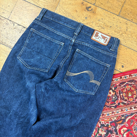 Vintage Drunknmunky Blue Embroidered Y2K Hip Hop Baggy Jeans - 34