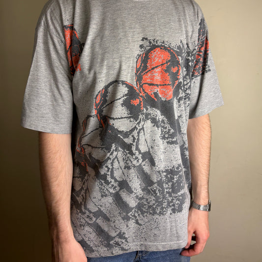 Vintage 90s Reebok The Pump Basketball Grey All Over Print Graphic T-Shirt - XL