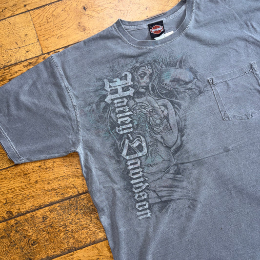Vintage Harley Davidson Grey Affliction Motorbike Graphic T-Shirt - XL