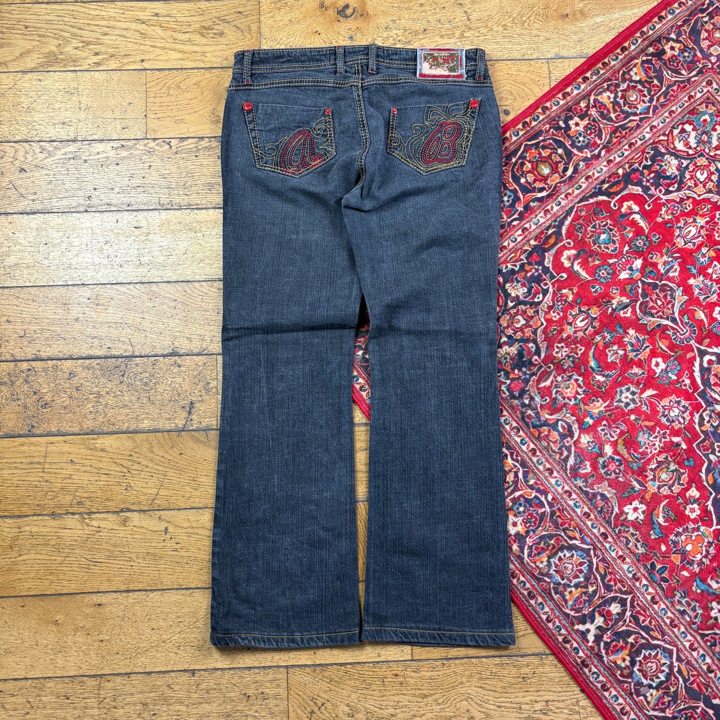 Vintage Apple Bottom Black Low Rise Embroidered Y2K Hip Hop Bootcut Jeans - 36