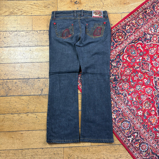 Vintage Apple Bottom Black Low Rise Embroidered Y2K Hip Hop Bootcut Jeans - 36