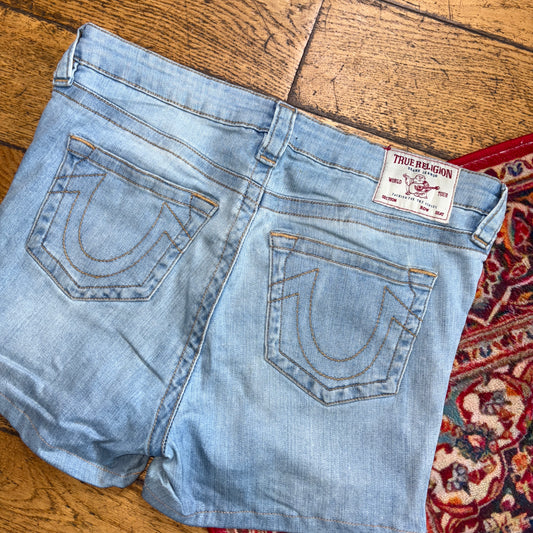 Vintage True Religion Blue Mini Embroidered Y2K Shorts Jorts - Size 14