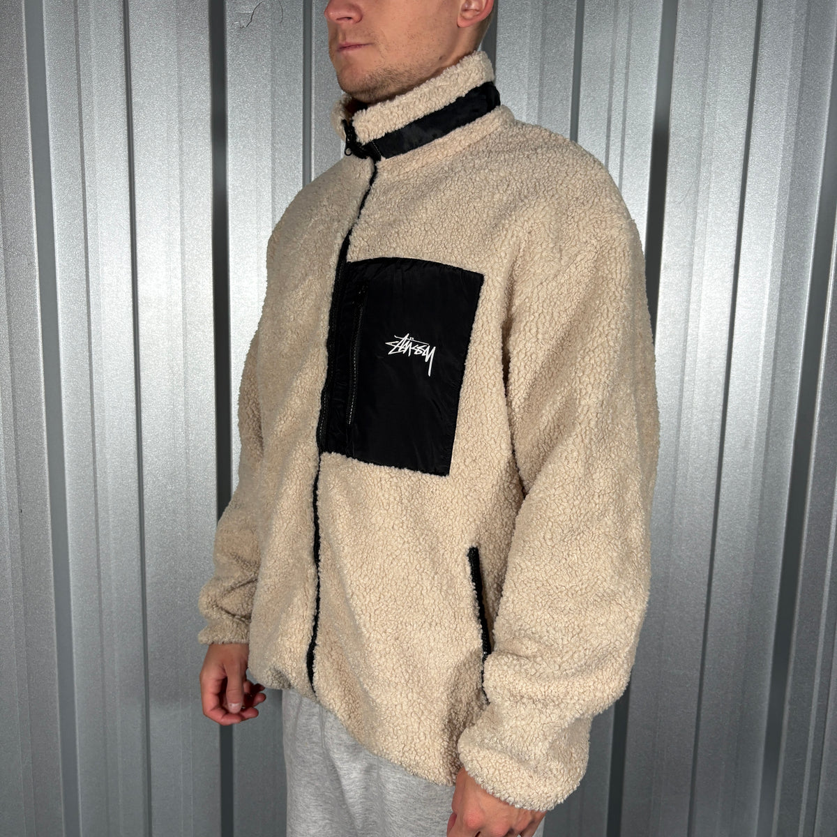Stussy Cream Black Fleece Zip Jacket Jumper - XL