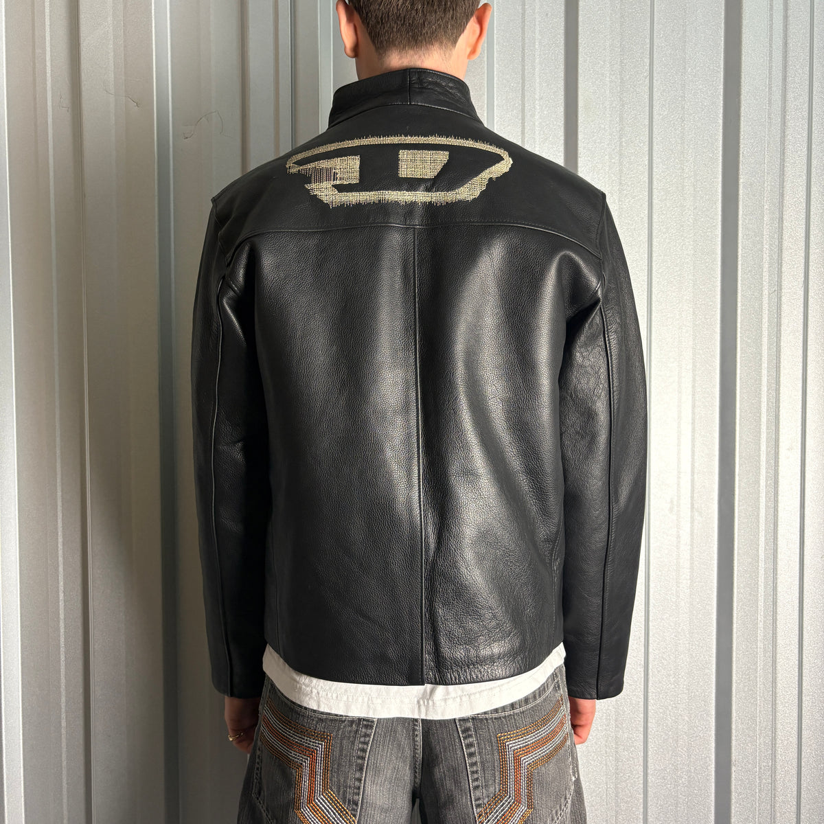 Vintage Diesel Black Embroidered Y2K 00s Leather Biker Jacket - S