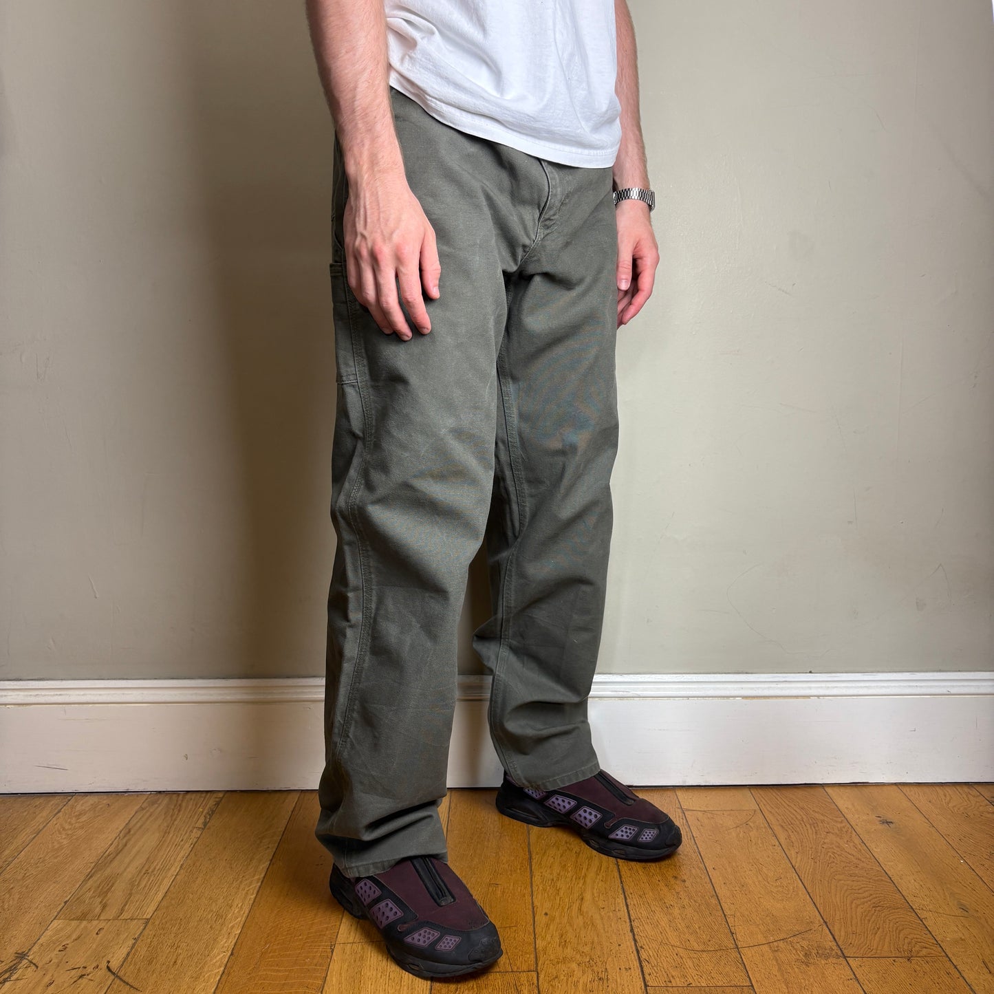 Vintage Carhartt Green Khaki Workwear Carpenter Baggy Trousers - 36L