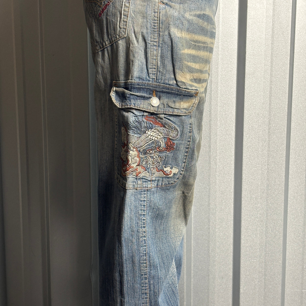 Embroidered Blue Cargo Japanese Denim Hip Hop Y2K Baggy Jeans - 32S