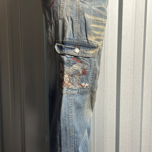 Embroidered Blue Cargo Japanese Denim Hip Hop Y2K Baggy Jeans - 32S