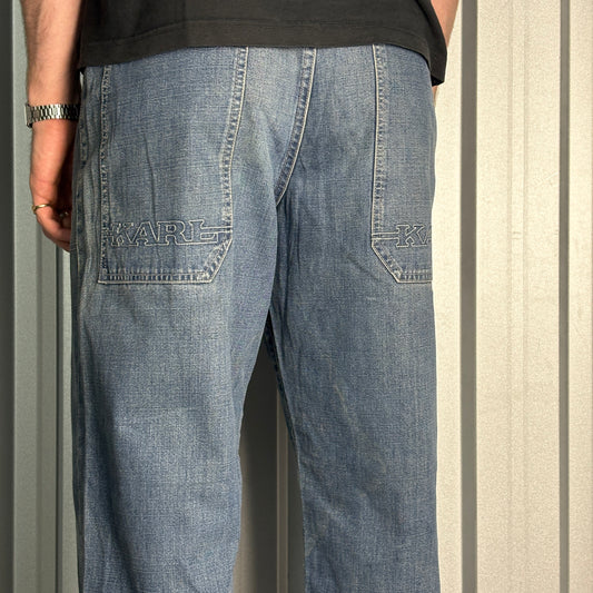 Karl Kani Blue Embroidered Japanese Denim Hip Hop Y2K Baggy Jeans - 32R