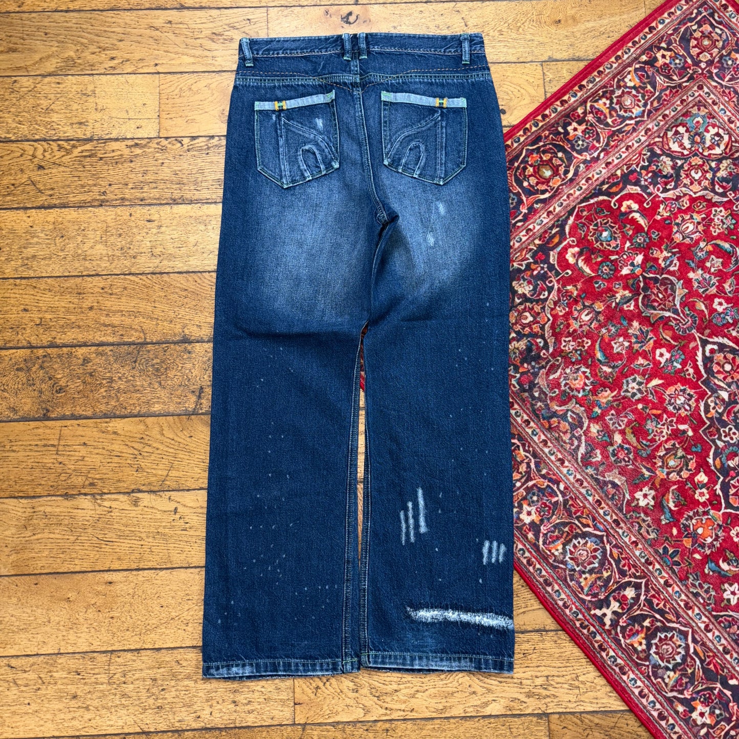 Vintage Blue Distressed Embroidered Y2K Hip Hop Bootcut Baggy Jeans - 36R