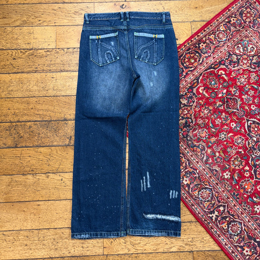 Vintage Blue Distressed Embroidered Y2K Hip Hop Bootcut Baggy Jeans - 36R