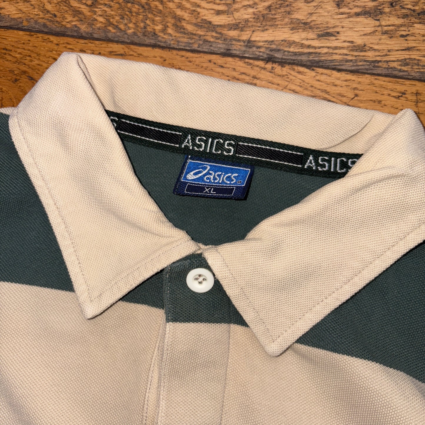 Vintage ASICs Green Cream Stripe Polo Shirt - L