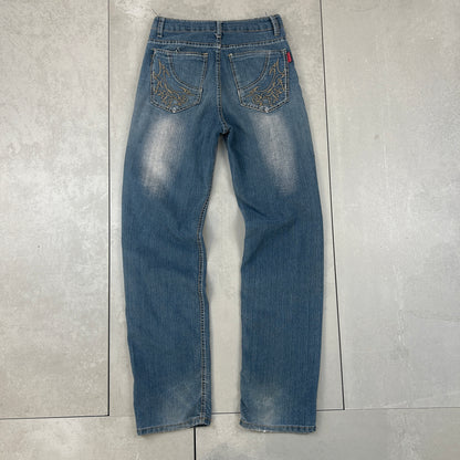 Vintage Embroidered Japanese Denim Hip Hop Skater Blue Straight Jeans - 29