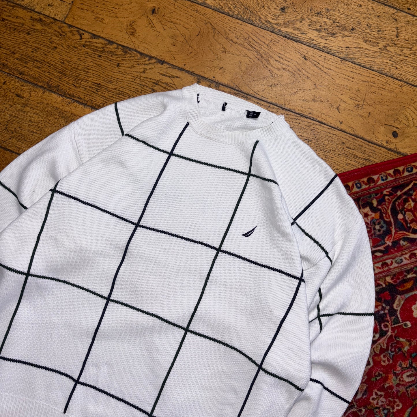 Vintage Nautica White Check Embroidered Knit Jumper - L