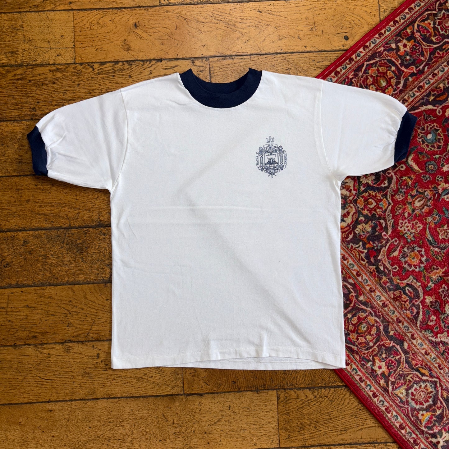 Vintage 70s White Ringer US Navy Single Stitch Graphic T-Shirt - S