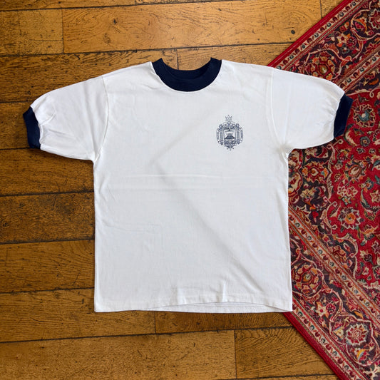 Vintage 70s White Ringer US Navy Single Stitch Graphic T-Shirt - S