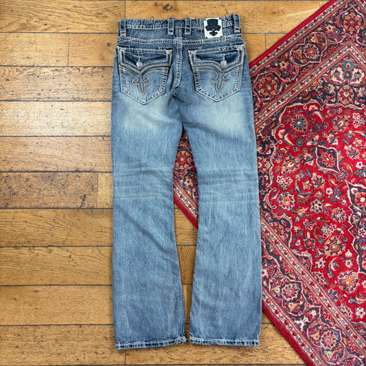 Vintage Rock Revival Blue Embroidered Y2K Hip Hop Bootcut Jeans - 34
