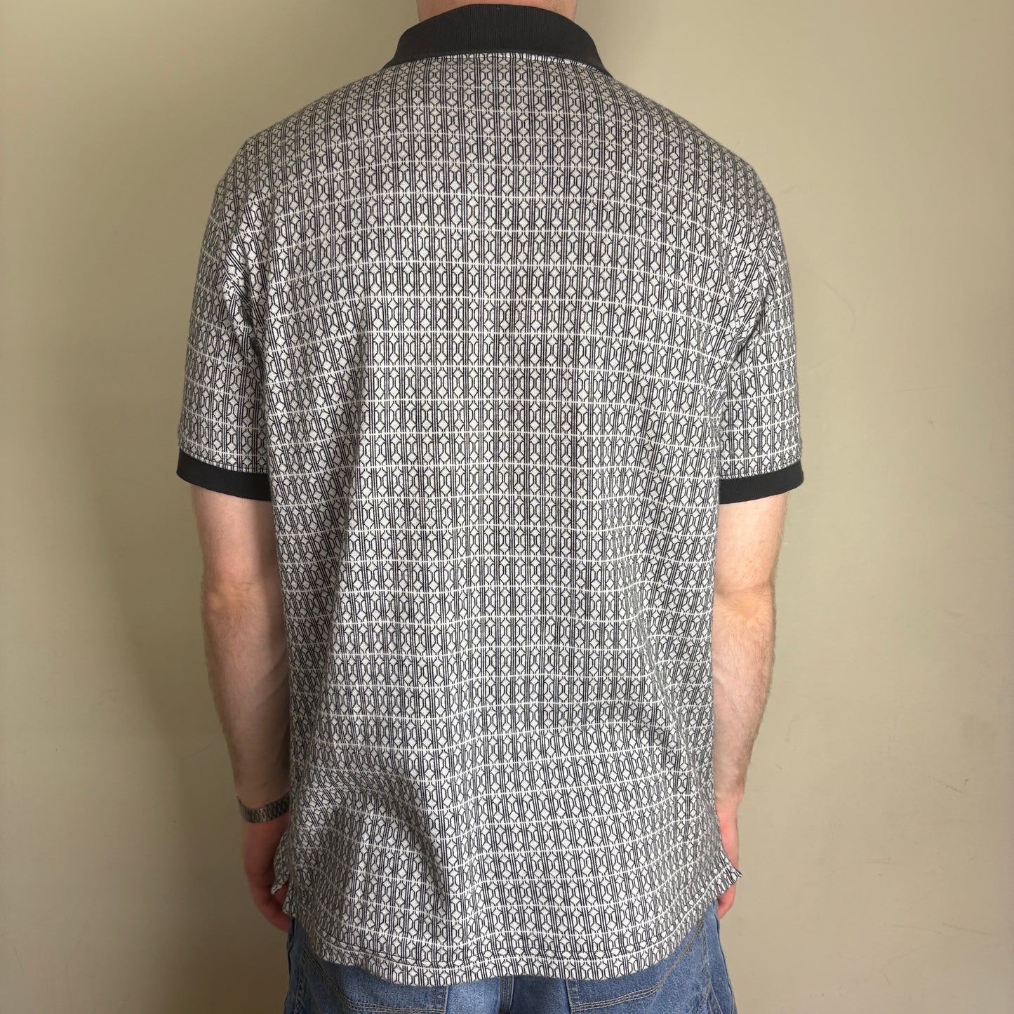 Vintage 90s Adidas Black White Patterned Polo Shirt - M