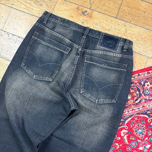 Vintage Black Embroidered Y2K Hip Hop Baggy Jeans - 36