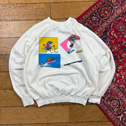 Vintage 90s White Cream Skiing Funny Graphic Sweatshirt - M
