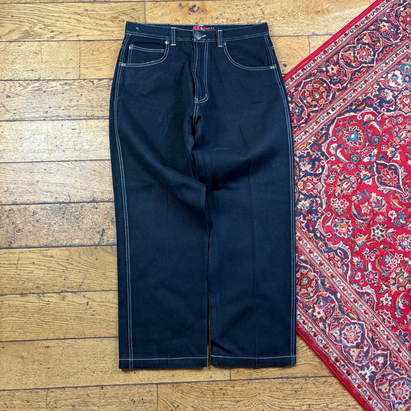 Vintage Black Embroidered Y2K Hip Hop Baggy Jeans - 34