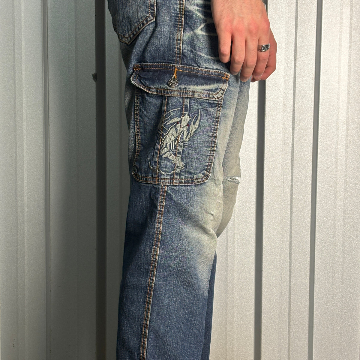 Embroidered Scorpion Blue Cargo Japanese Denim Hip Hop Y2K Baggy Jeans - 32S