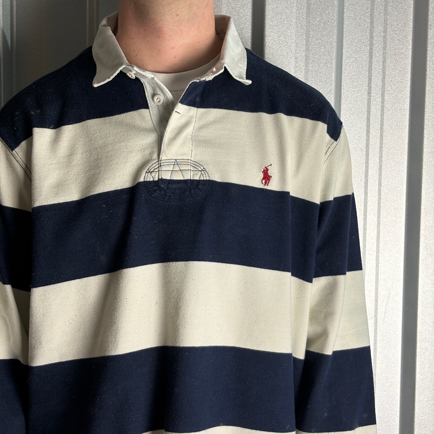 Vintage Ralph Lauren Navy White Stripe Rugby Polo Shirt - XL